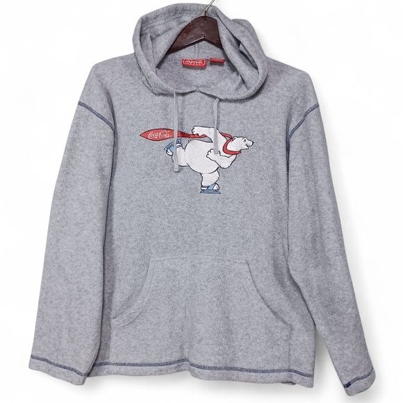 Coca Cola Sweaters - Coca-Cola Unisex Polar Bear Fleece Hoodie L Gray Cozy Holiday Graphic Pullover